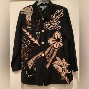 Indigo Moon Vintage Embroidered Black Floral Jacket Button Front Blazer Large
